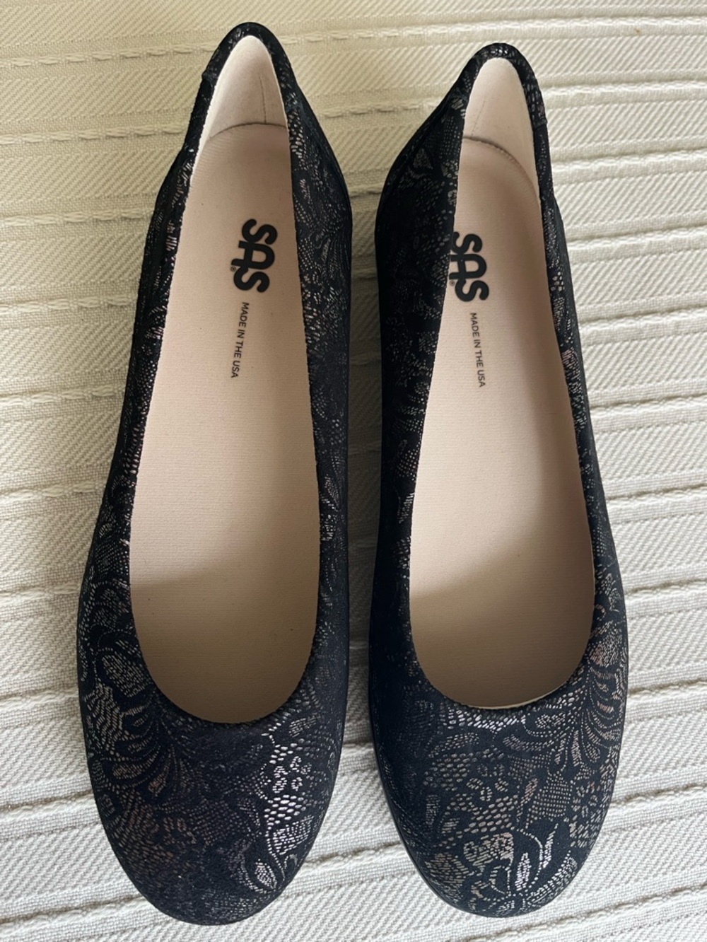 SAS Black Scenic ballet flats lace floral pattern